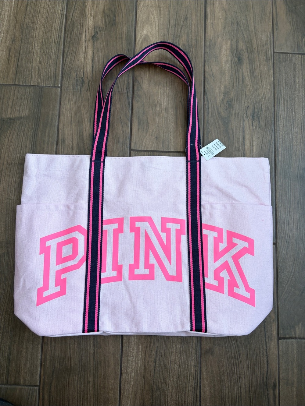 PINK Victoria's Secret Light Pink Canvas Tote with Navy and Hot Pink Straps